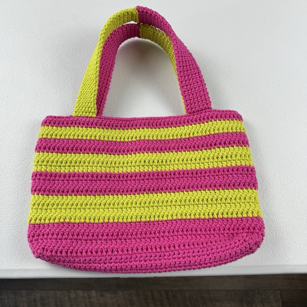 Handmade Crochet Cotton Tote Bag Pink Lime Green Striped Knit Handbag Y2K Boho
